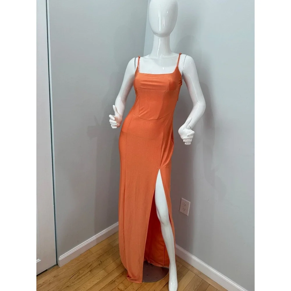Micas Orange Maxi Dress Corset Style Slit Evening Party Cocktail‎ Dress L